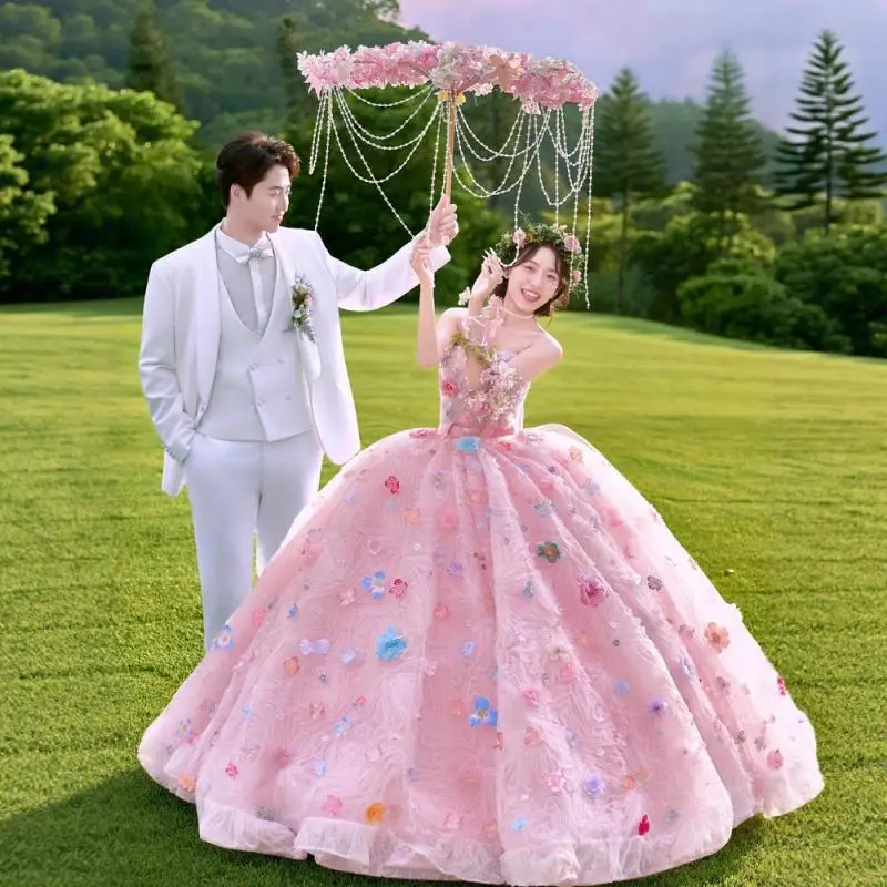 Sweet Strapless Sleeveless Wedding Dress With Three-dimensional Flower Colored Yarn Sweet And Cute Trailing Dress Customized