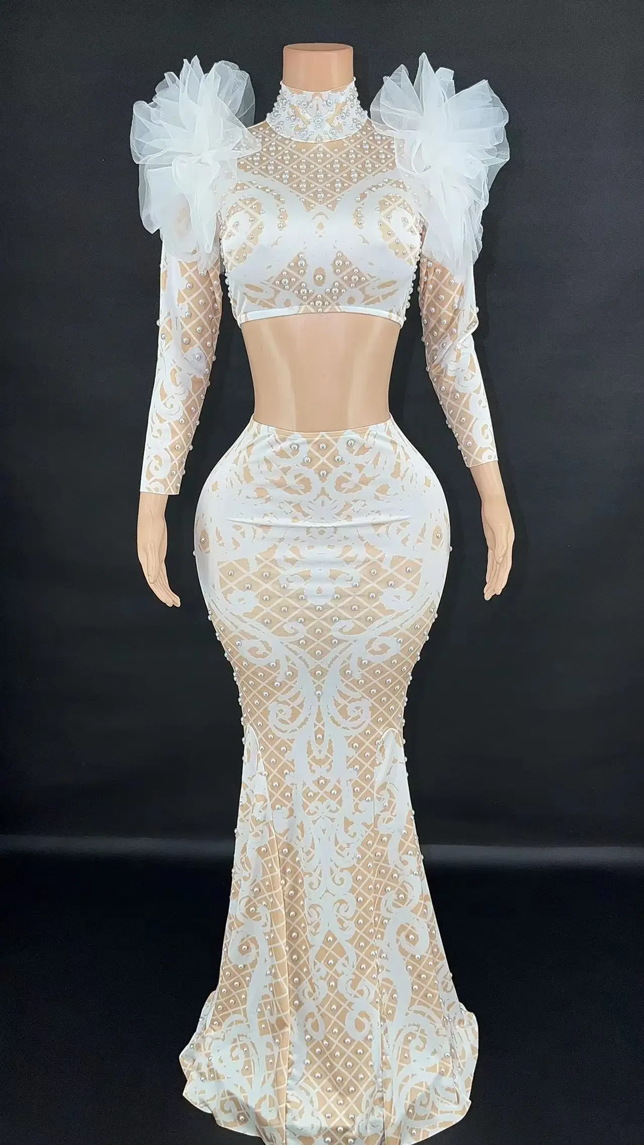 

ZD Women Sexy Stage Rhinestone Transparent Train Top Long Dress Evening Birthday Celebrate Costume Dancer Dress