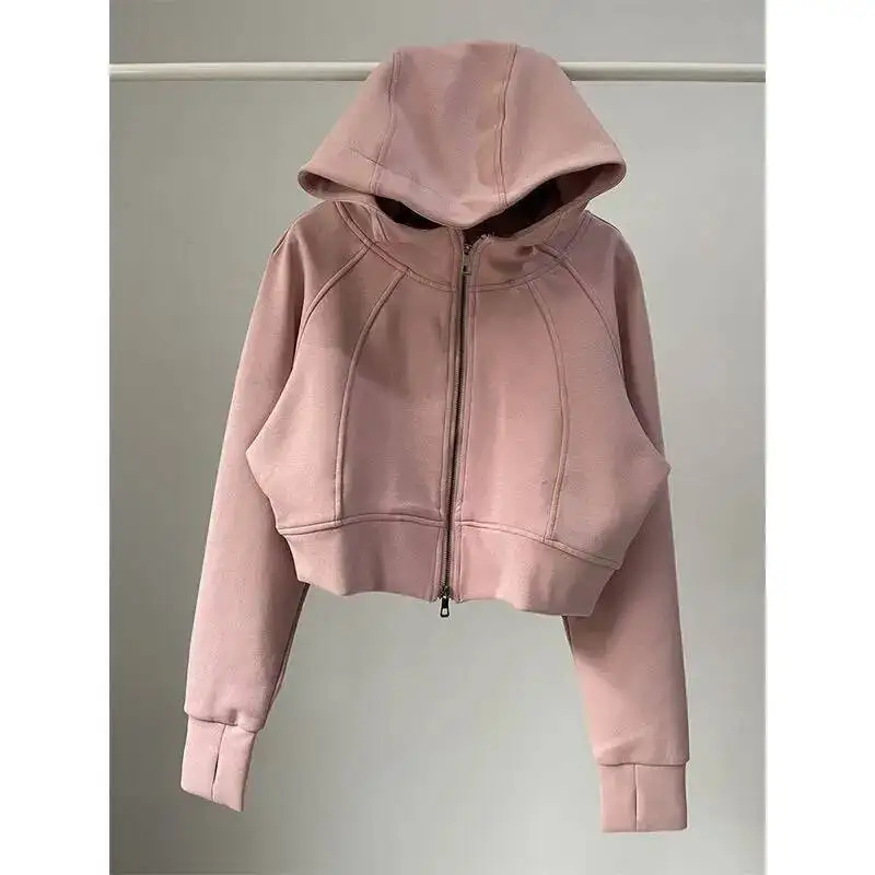 

Women's Hoodies 2025 Autumn Hooded Cardigan Y2K Air Layer Fabric Solid Color Loose Crop Sporty Sweatshirt Short Jacket