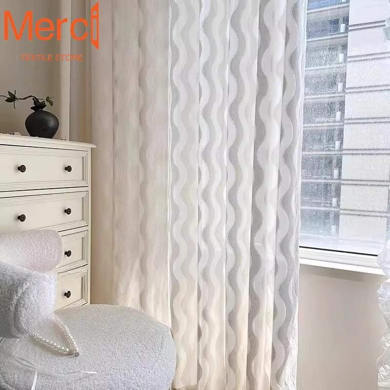 Italian Minimalist Modern Light Luxury Style Curved Wave Pattern Sheer Tulle Curtains for Living Dining Room Bedroom Jacquard