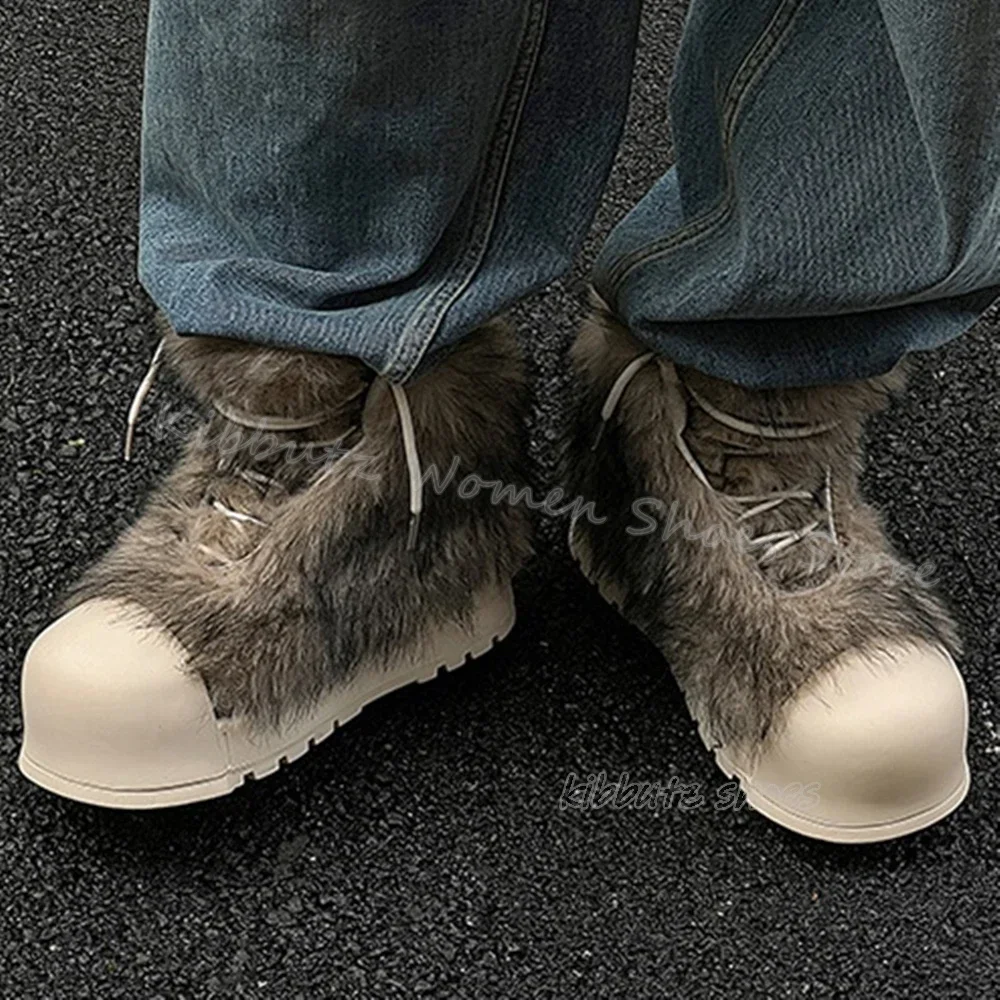 Furry Warm Winter Ankle Boots Snow Platform Round Toe Height Increasing Lace-Up Women Shoes Newest Fashion Novelty Sexy Concise
