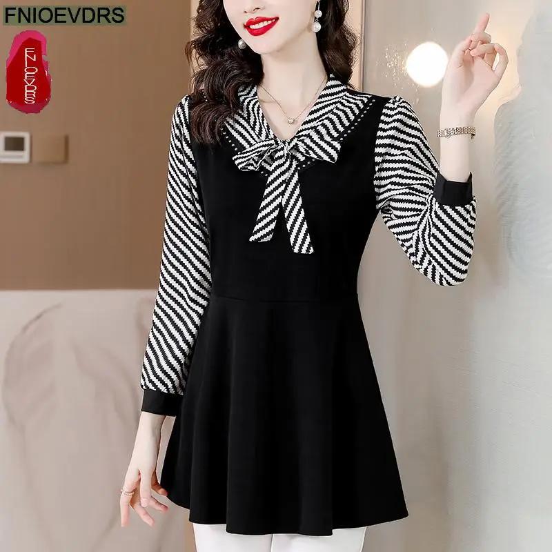 M-4XL Hot Sales 2023 Women Long Sleeve Elegant Office Lady Work Basic Wear Black Casual Bow Tie Belly Tunic Peplum Tops Blouses