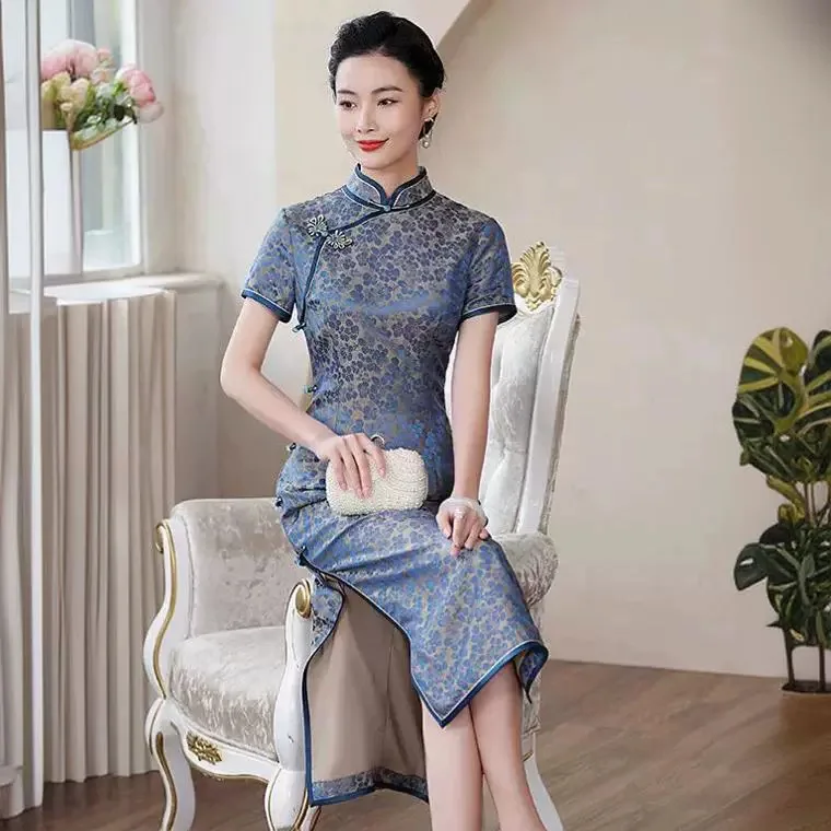 High Quality New Chinese Real Silk Cheongsam Qipao Summer Women's 2024 Short Sleeve Retro Improved Dress Young