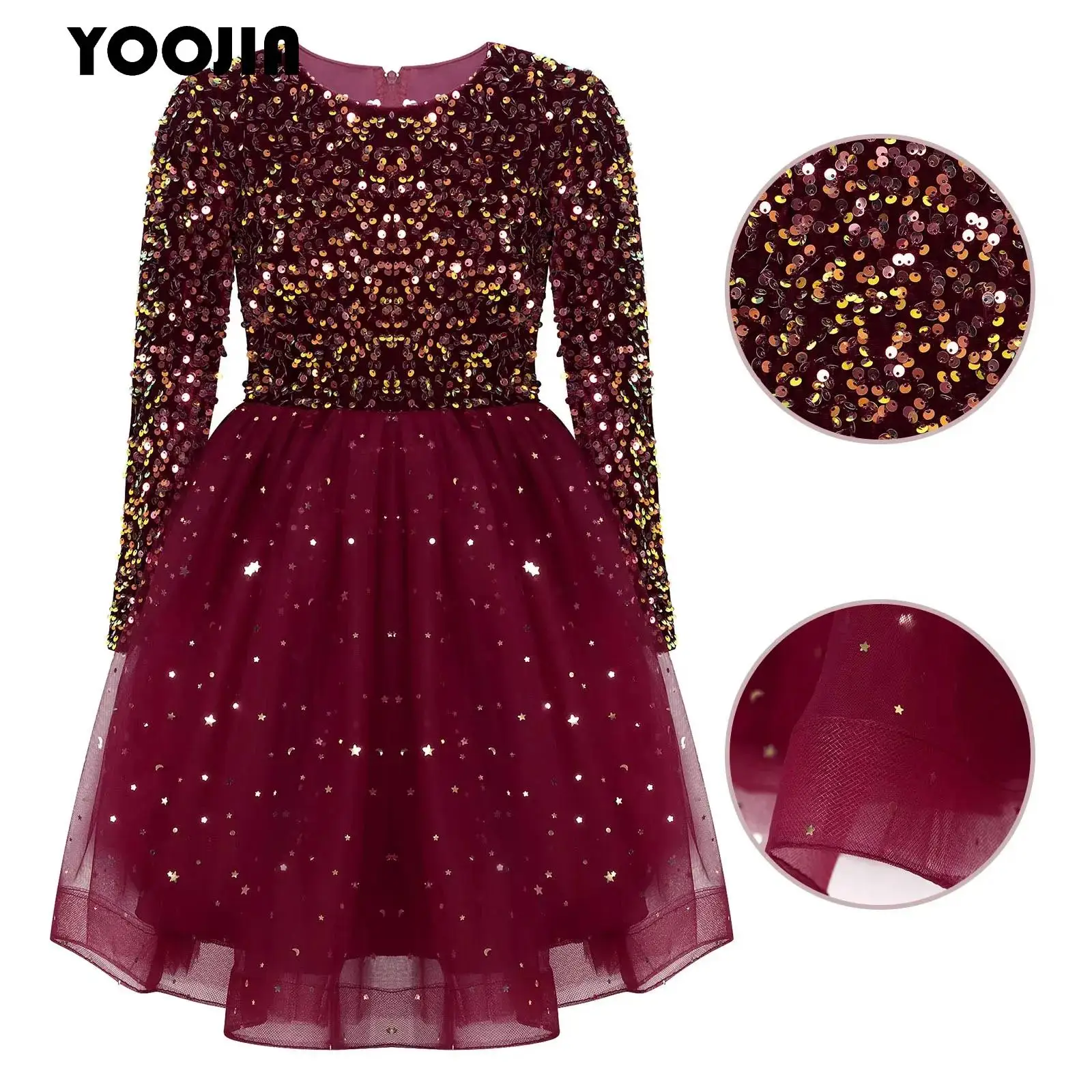 

Winter Long Sleeve Girls Sequins Mesh Dress Glitter Star Tulle Skirted Velvet Christmas Party Dress New Year Princess Dress Up