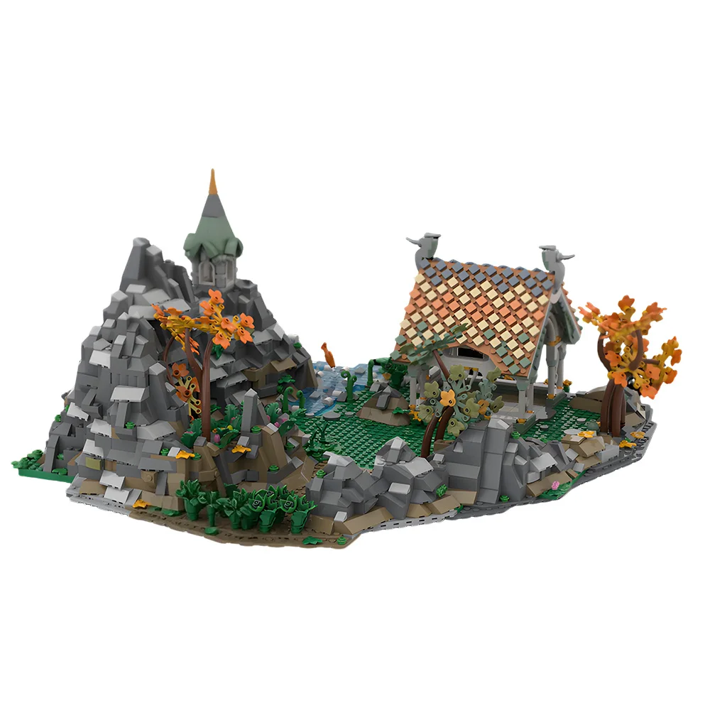 MOC The Ringss Mountain pasture with stables Building Blocks Model Medieval Architecture Extension Bricks Assembled Toy Gift