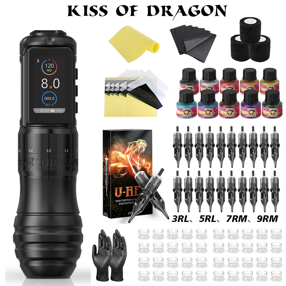 

Tattoo Kit Kiss Of DragonTraveler T2 Professional tattoo machine Adjustable Stroke Kit with 20Pcs Cartridge Needles Complete Set