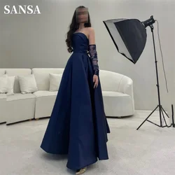 Sansa Sexy Strapless A-line فساتين سهره فاخره 2023 Elegant Lace Embroid Sleeve Vestidos De Noche Navy Blue Satin Prom Dress