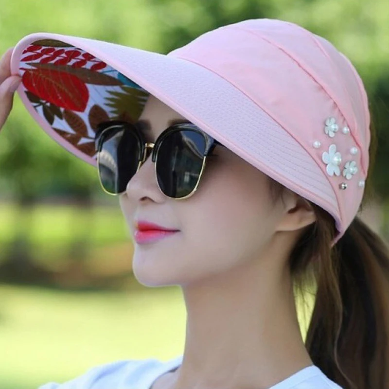 Casquette de baseball décontractée pour femme, chapeaux d'été pour femme, chapeau de soleil pliable, visière à fleurs perlées, crème solaire, casquette disquette, extérieur