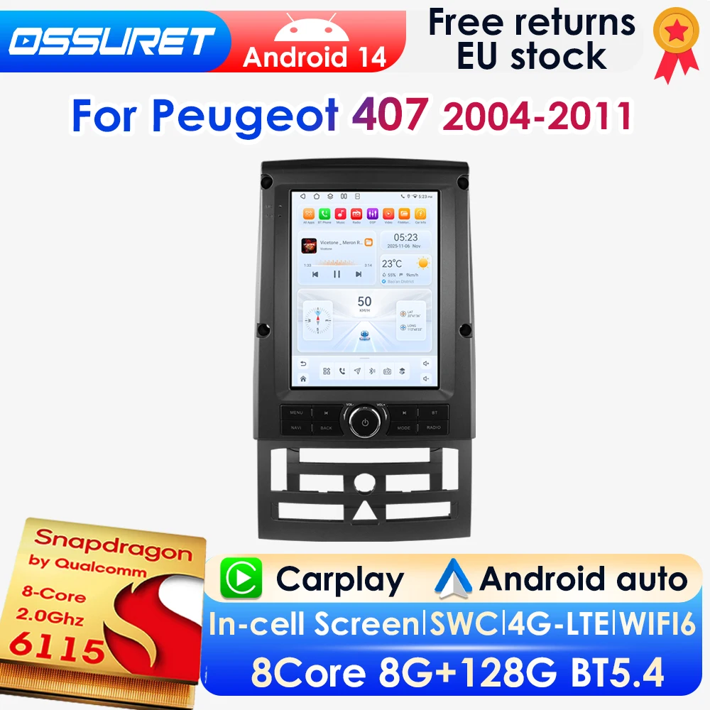 2Din 9,7-Zoll-Vertikalbildschirm Android 14 Autoradio für Peugeot 407 2004 - 2011 Auto-Multimedia-GPS-Player Wireless Carplay Android Auto 4G DSP BT Mirror Link SWC 360-Kamera Autoradio Intelligente