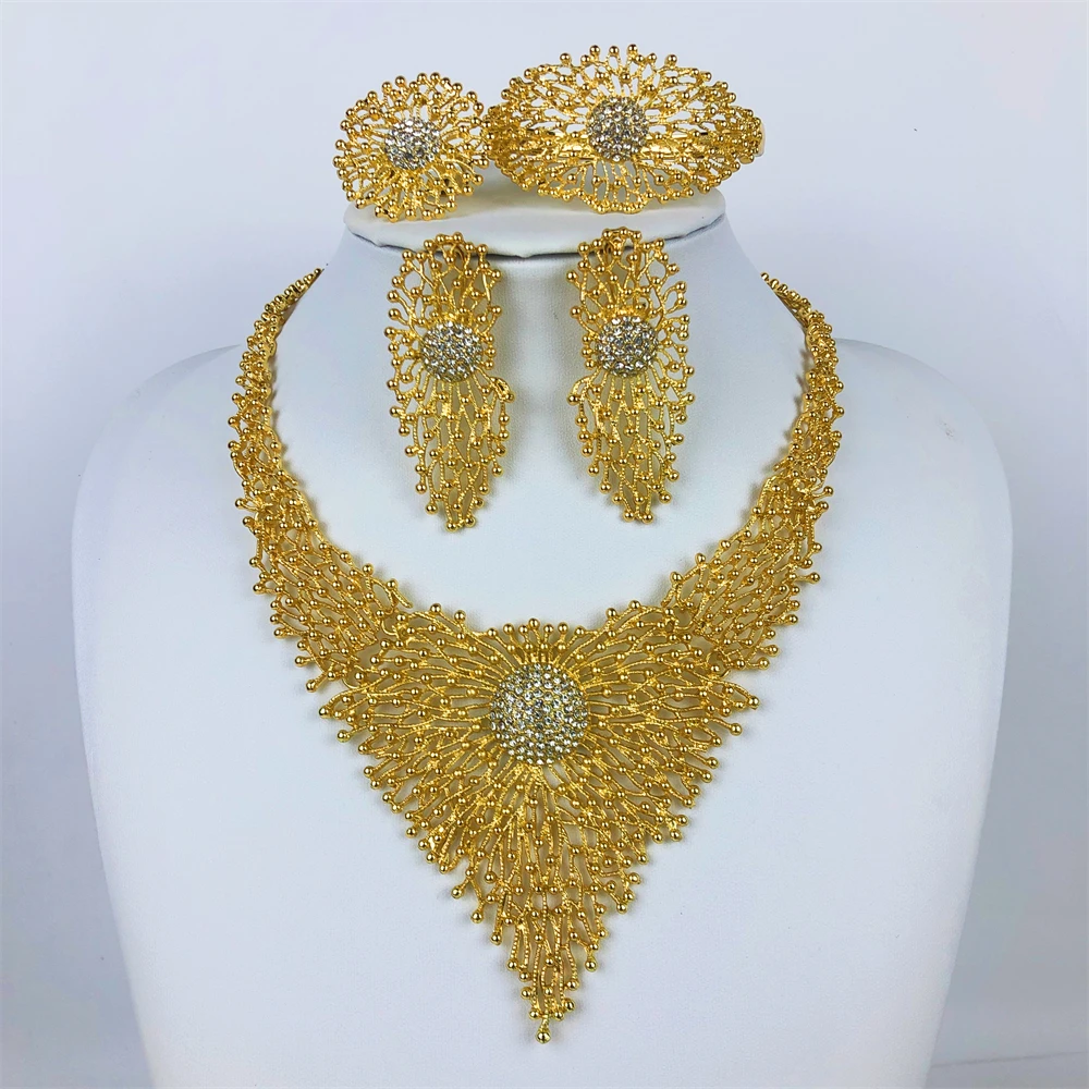 ESALE Brazil Gold Color Jewelry Set Women Multi-layered Design Necklace Earrings Ring Bracelet Dubai Jewelry Nigeria Trending