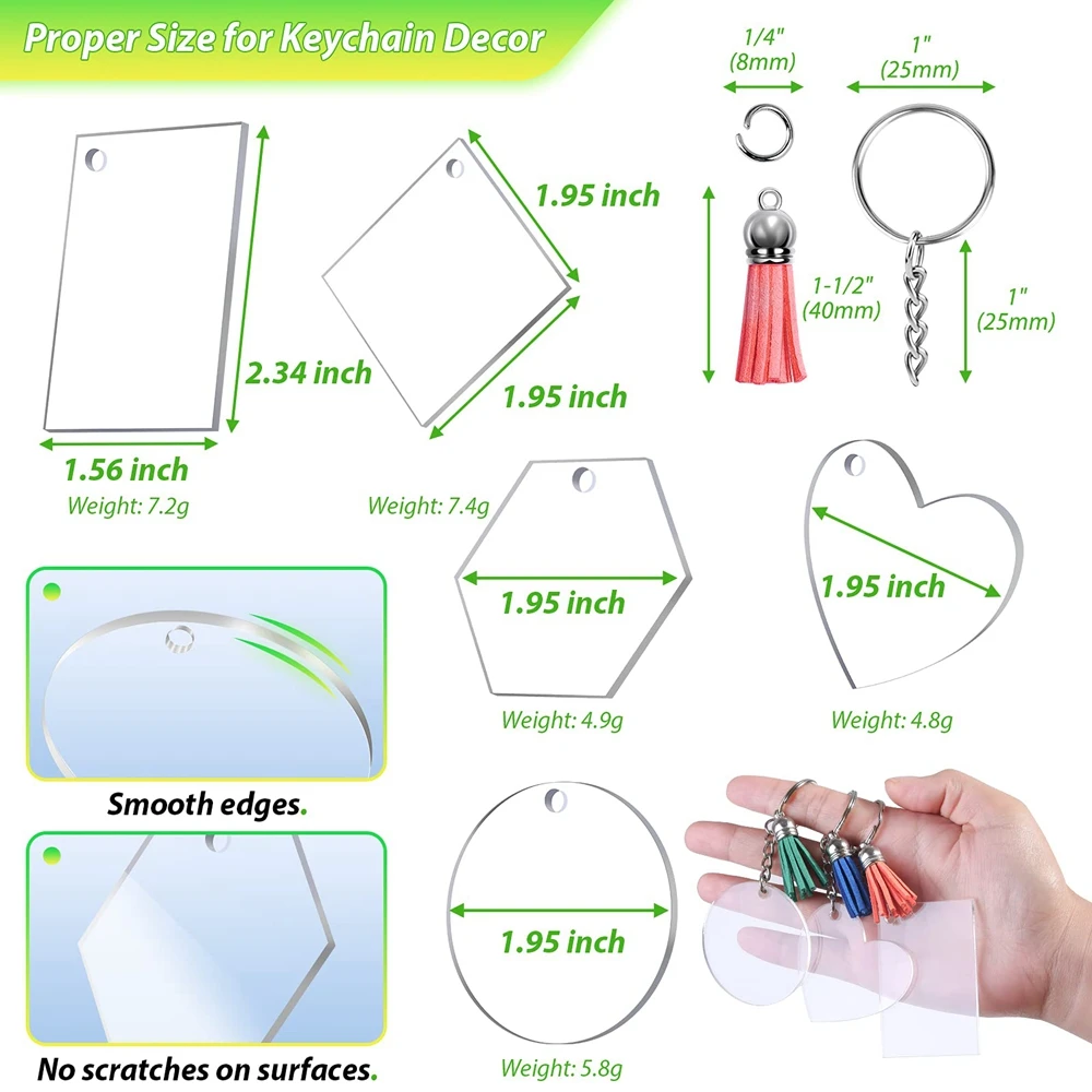 40 pçs chaveiro acrílico em massa com 5 formas acrílico transparente espaços em branco couro borla encantos chaveiros anel de salto para diy