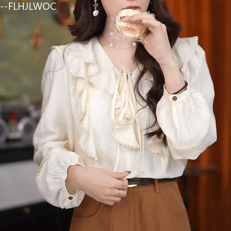 Diskon Besar Blus Atasan Ruffle Dasi Kupu-kupu 2025 Pakaian Fashion Korea Chic Anak Perempuan Manis Lucu Blus Kemeja Wanita Campuran Katun Solid