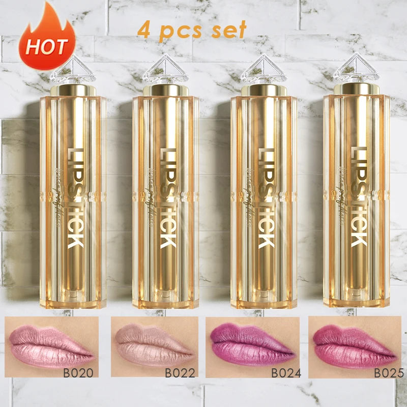 4 PCS Kit Pearl Shimmer Lipstick Metallic Glitter Lipstick Long Lasting Cruelty Free Nude Pink Long Lasting Waterproof 4 Colors