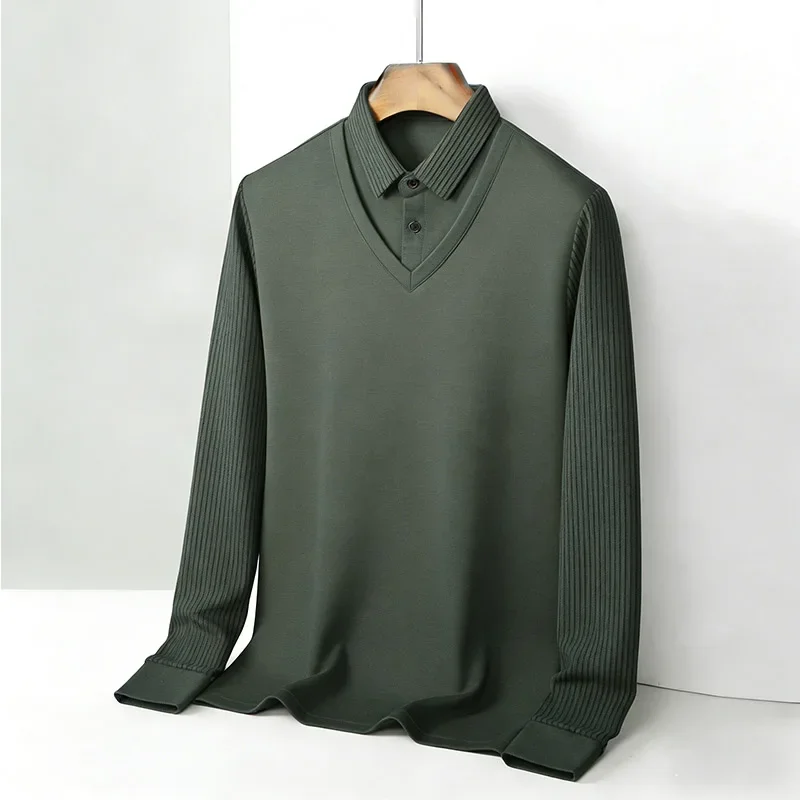 Men's Fake Two Piece Shirt Collar V Neck Long Sleeve Top Khaki Striped Casual Fashion Soft Fabric Daily Wear Blouse