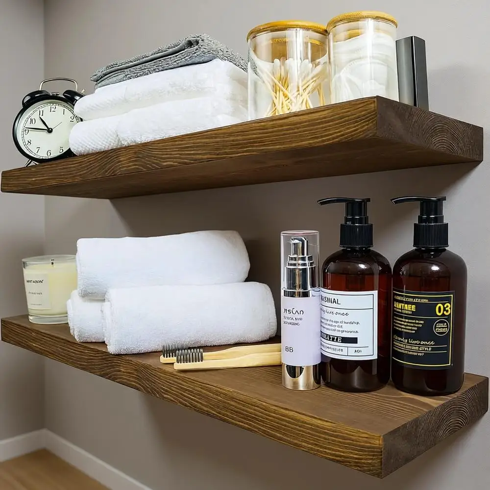 

24 Inch Set of 2 Rustic Wooden Wall Shelves for Home Décor in Walnut Finish