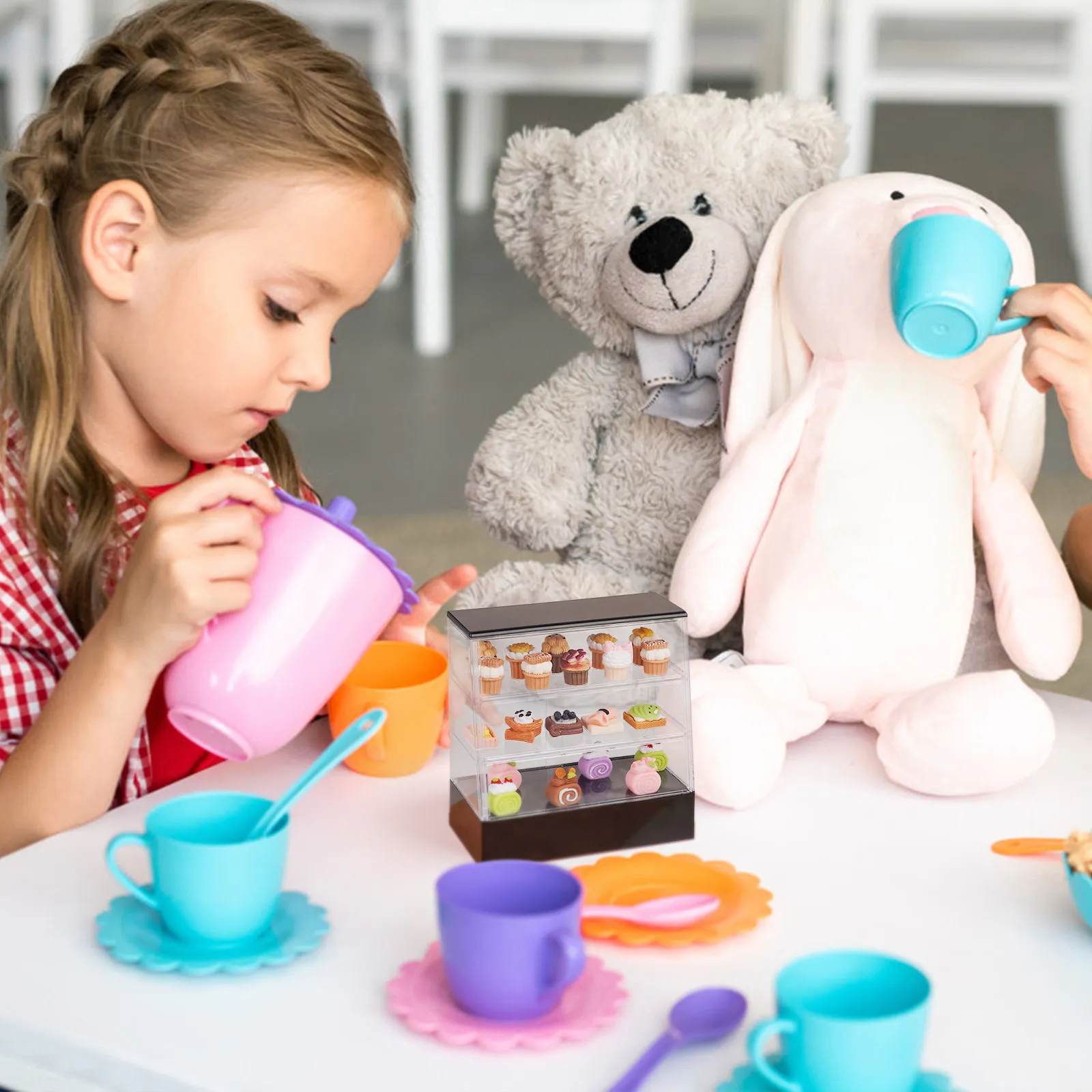 

2 шт. миниатюрные шкафчики для десертов для кукольного домика, прочная пластиковая конструкция, яркие цвета, устойчивые к выцветанию, мини-пекарня