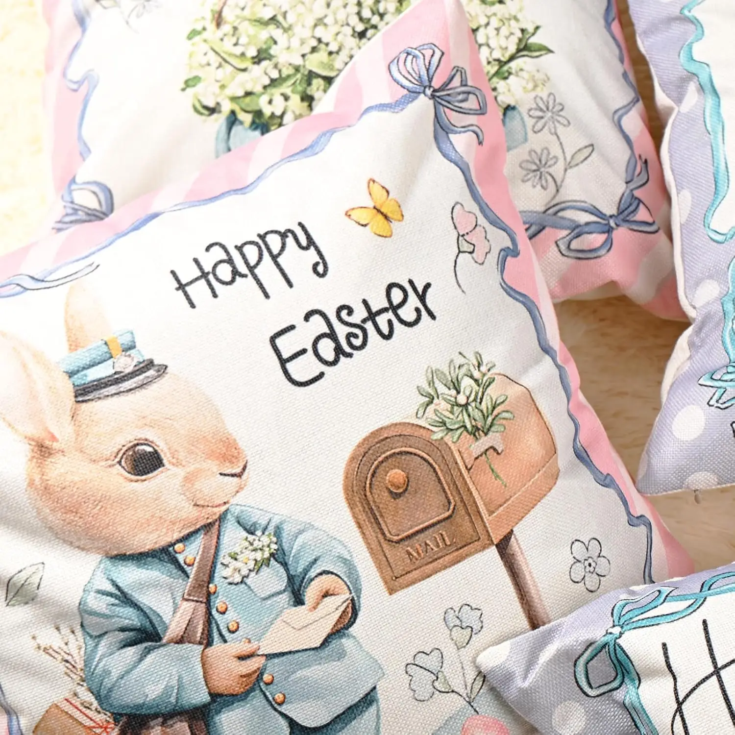 Happy Easter Pillow Covers 18x18 Inch Set of 4, Bunnies Eggs Rabbits Decorative Farmhouse Spring Flower Throw Pillowcases