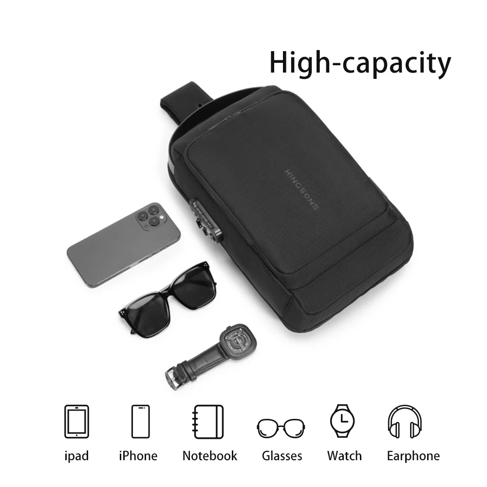 Kingsons 2024 New Men Chest Bag with Customs Password Lock &USB Fast Charging C Port Business Sling Bag Black Male Crossbody Bag