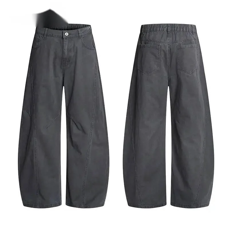 Men's Curved Streetwear Pants Deconstructed Seam Baggy Fit Back Ealstic Waist Casual Wide Leg Floor Length Trousers A3F7