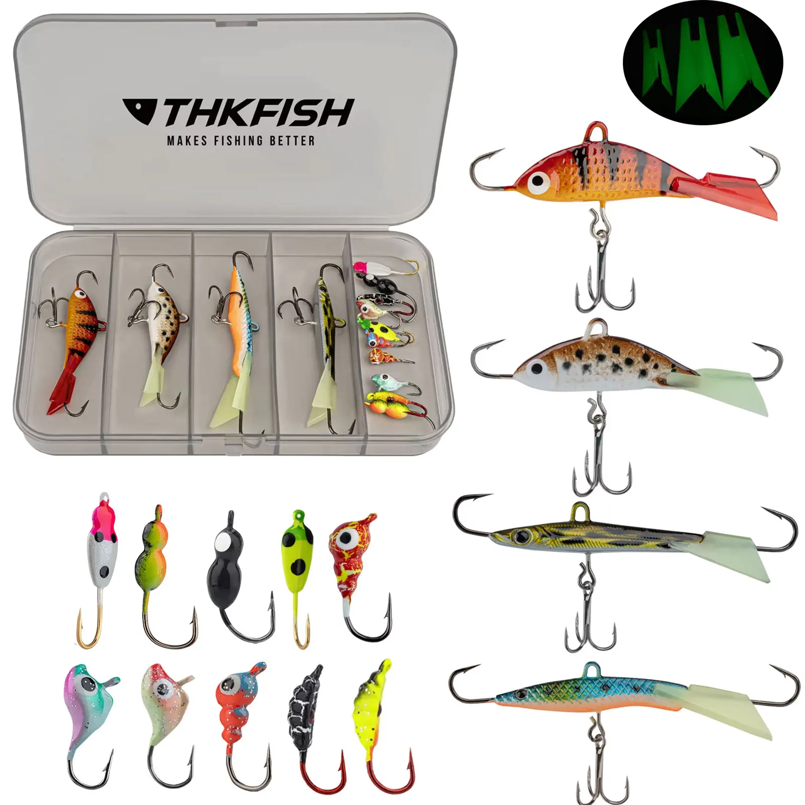 THKFISH 14pcs Ice Fishing Hard Lures Kit Simulaiton 3d Eyes Glow Fishing Baits Set Winter Ice Fishing Jigs Heads Hooks Kit