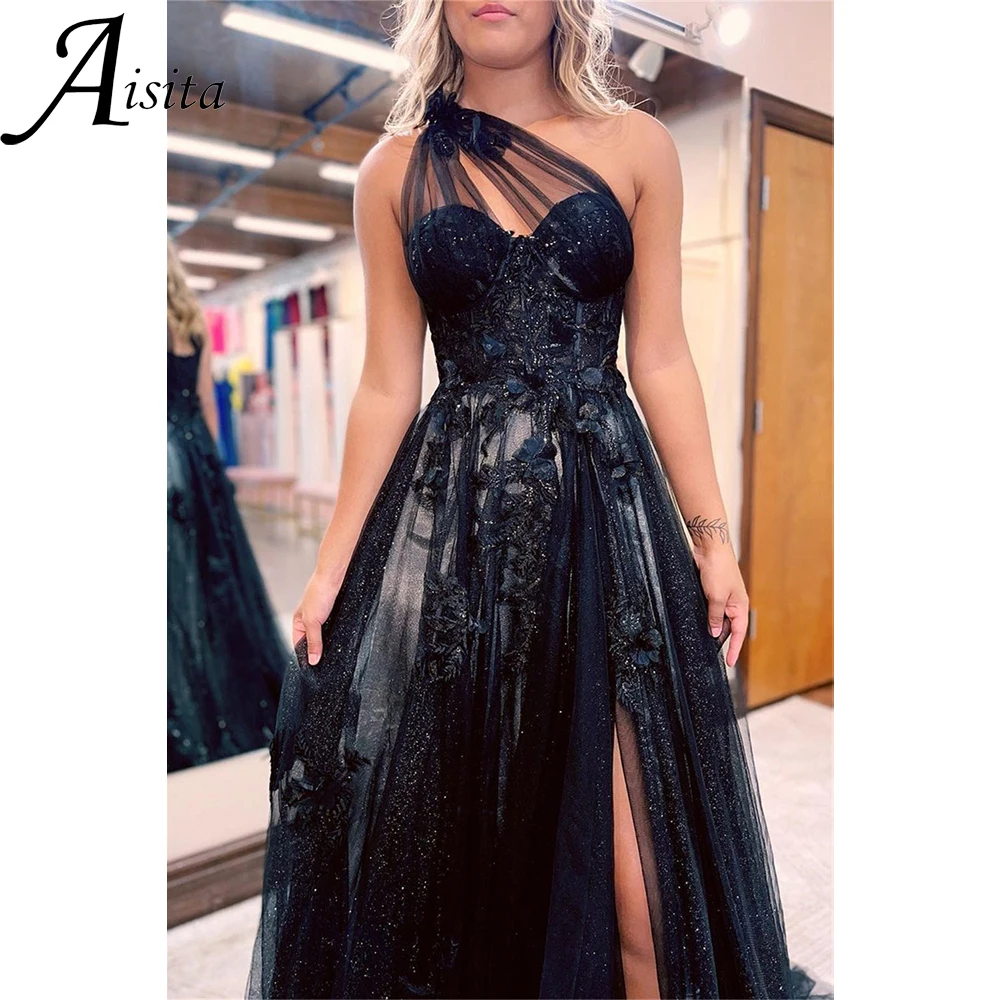 Sexy Sparkling Prom Dresse Princess One Shoulder Prom Gown Tulle Side Split a-line Formal Party Dress muslimexmuslimataperizn onda