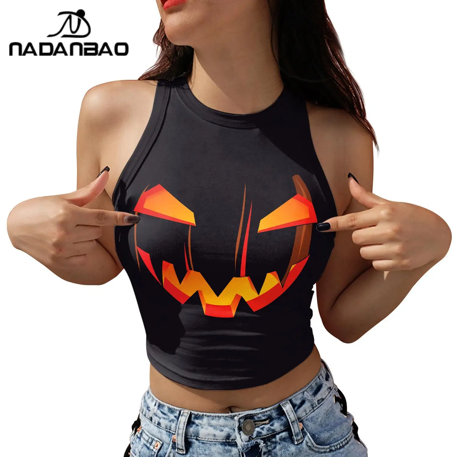 Nadanbao Halloween Fashion Holiday Party Tank Top Women Trick or Treat Digital Print Short Shirt Girl Sleeveless Sling Clothes