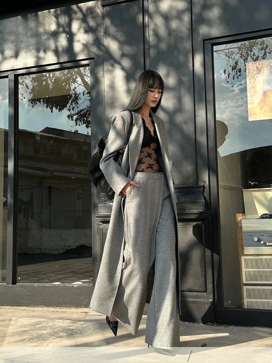 

Venuii Grey Wool Double-Buttoned Long Coat And Wide-Leg Pants Women's Elegant Casual Two-Piece Suit Autumn Winter Fashion