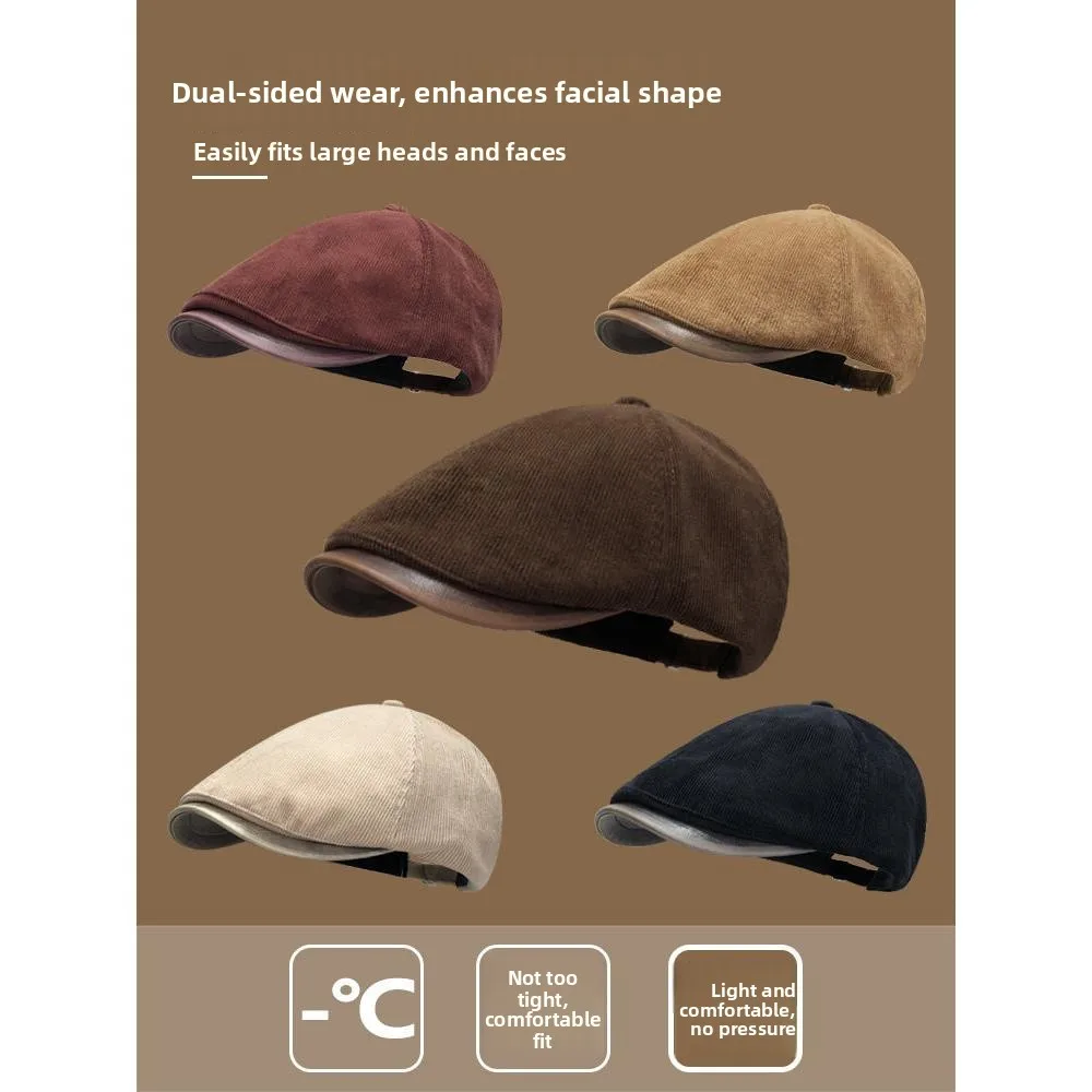 2026 New Style Women's Beret Hat Corduroy Duckbill Cap Reversible Autumn Winter Large Head Circumference Face Slimming Hat
