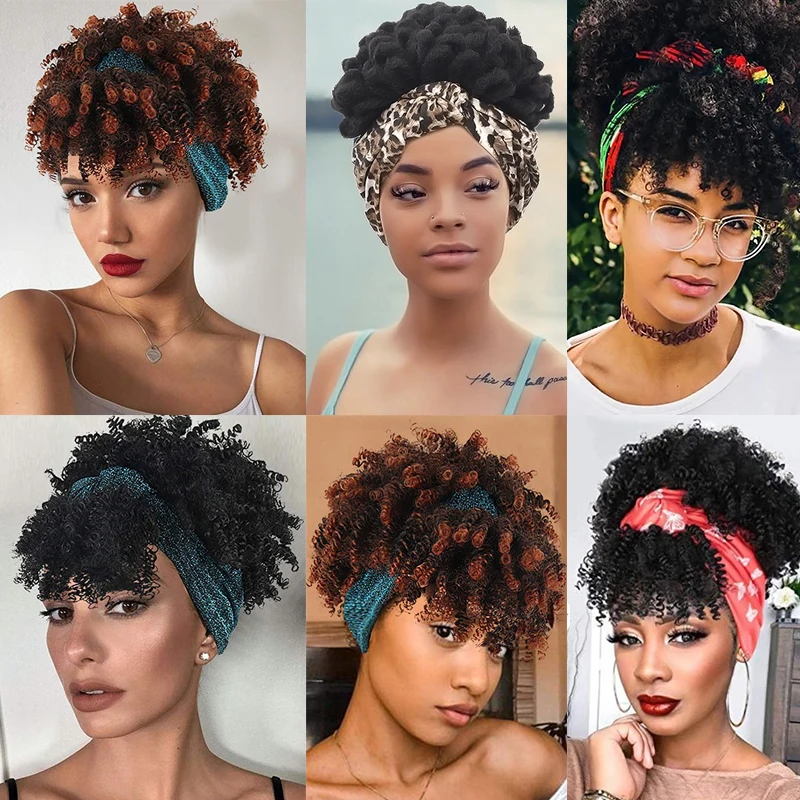 Parrucche avvolgenti per la testa Fascia per capelli Avvolgente per coda di cavallo Turbante corto Parrucca avvolgente Updo Ricci crespi Afro Puff con frangia Parrucca con coulisse per donne nere