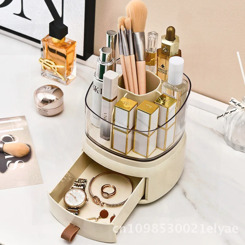 

Rotating Cosmetic Storage Box with Brush Barrel for Skin Care Products Desktop Organizer Rack Minimalist Cream & Red Ball Style