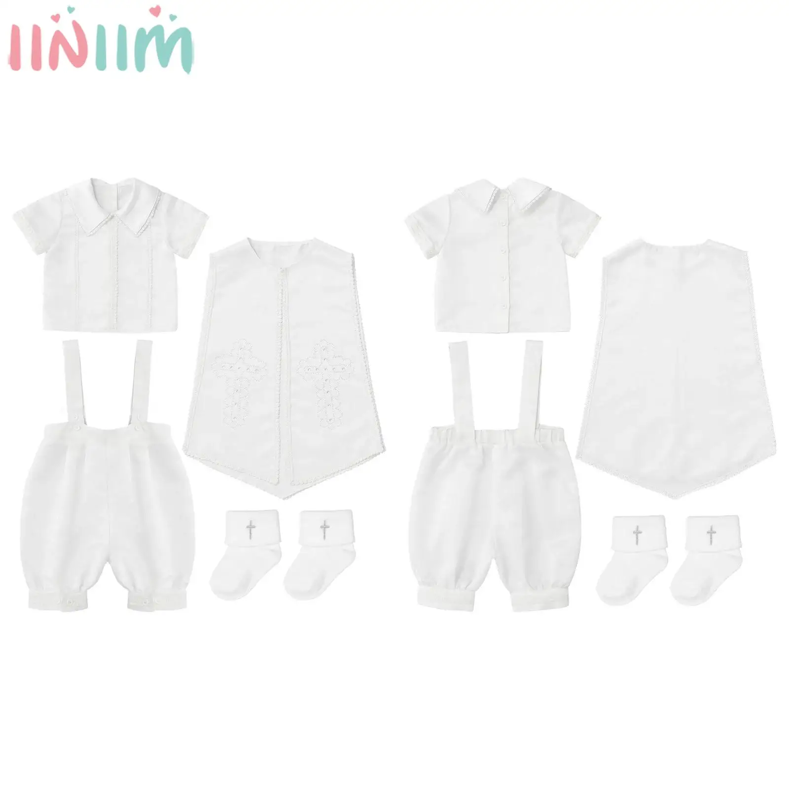 

Infant Boys Christening Outfit Short Sleeve Tops with Suspender Shorts Rhinestone Cape Socks for Church Worship Baptism Party