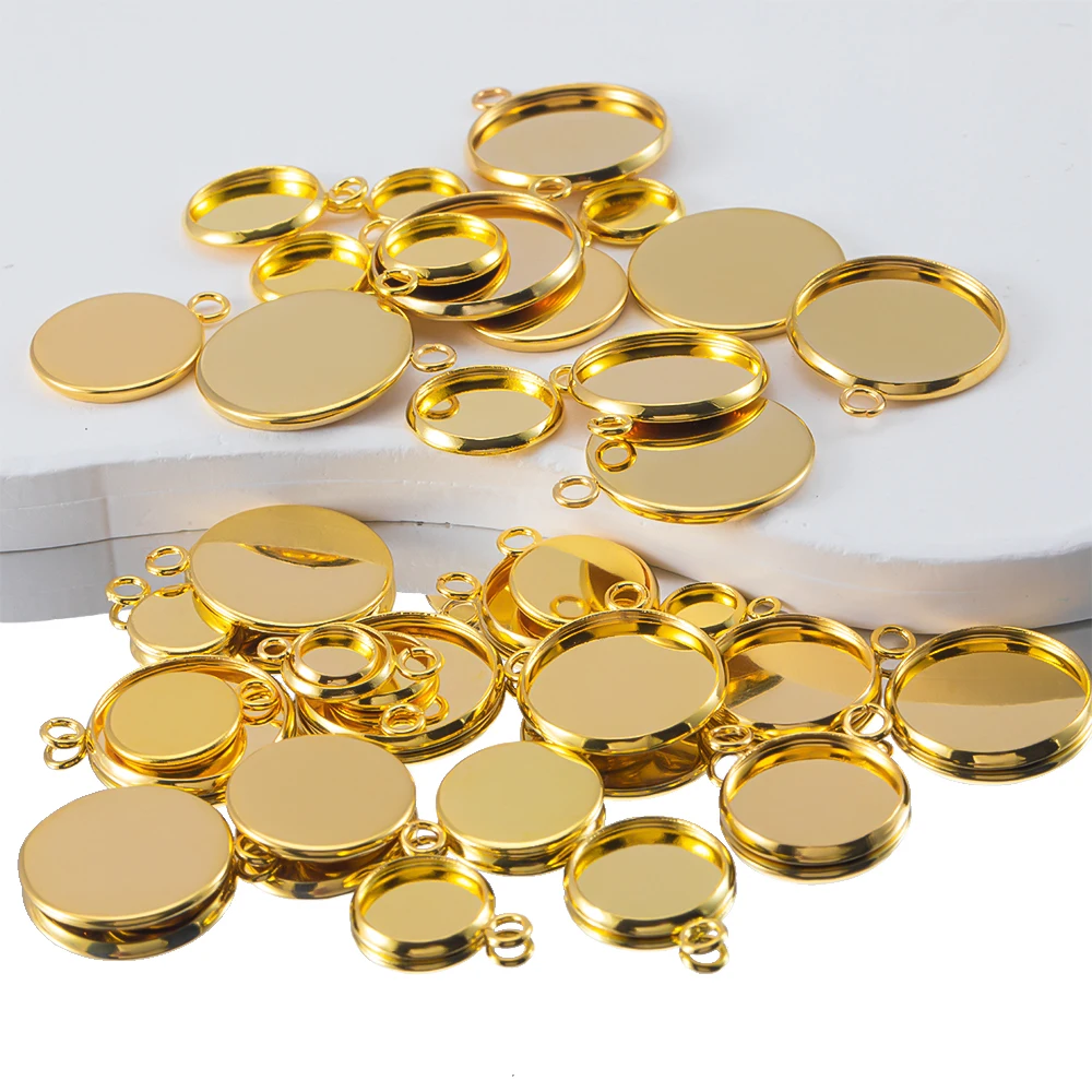 20pcs Gold Color Stainless Steel Cabochon Base Pendant Setting Blank Round Tray for DIY Resin Jewerly Making Findings Wholesale