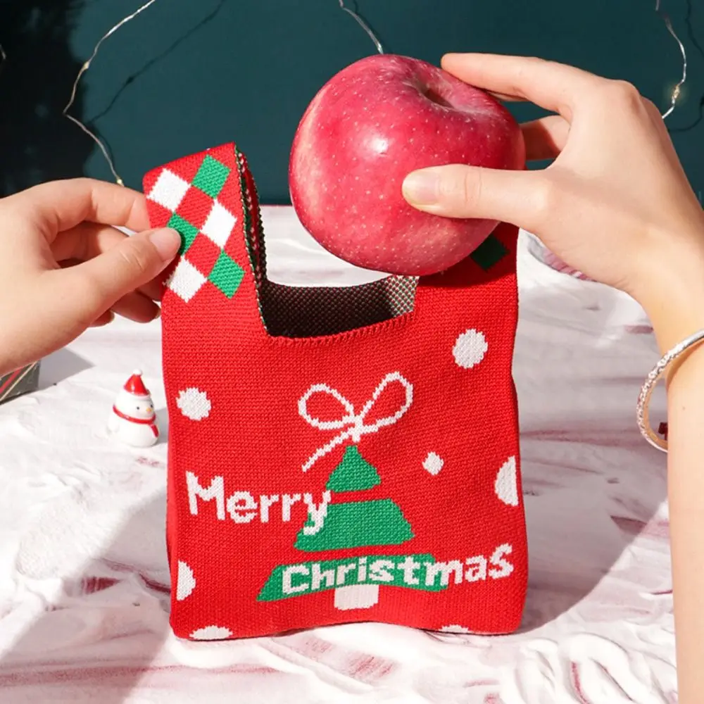 Casual Christmas Gift Knot Wrist Bag Candy Pouch Wool Bucket Bag Christmas Knitted Bag Weave Santa Claus Tote Bag Girl