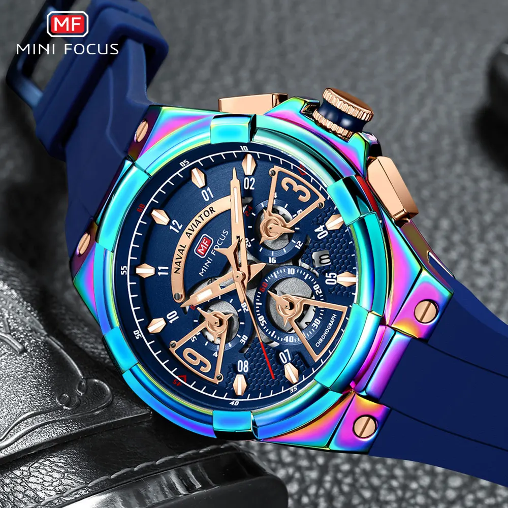 MINI FOCUS Military Sport Quartz Watches Men Blue Silicone Strap Waterproof Chronograph Wristwatch with Date Luminous Hands 0402