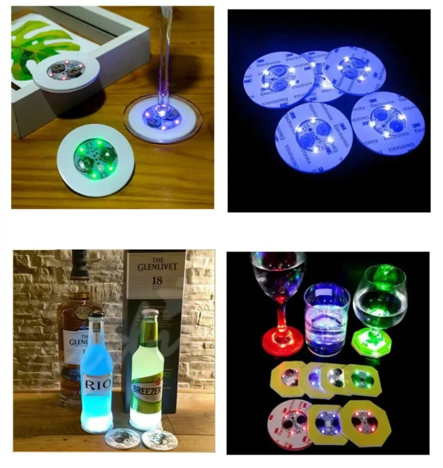 LED Emit Light Coaster Wholesale with Battery Wine Glass Mat Cup Pad Sticker Bottle Drinking Club Bar Party Decor Night Light