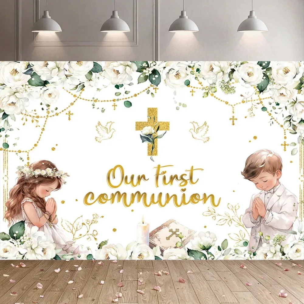 Banner-Hintergrundstoff zum Thema Erstkommunion für Kinder, Geburtstags- und Taufparty für Kinder, Fotografie-Hintergrund für die Heimdekoration