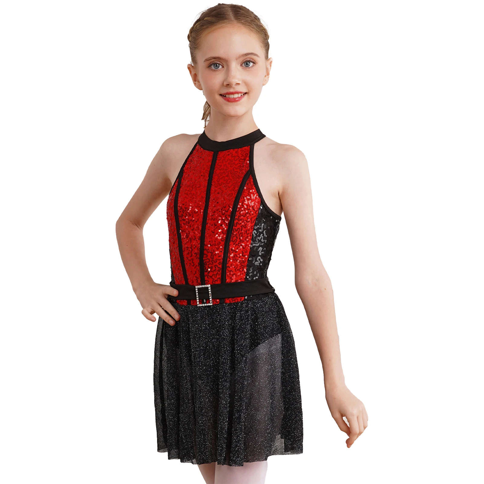 

2023 Kids Girls Stylish Shiny Sequin Jazz Dance Performance Dress Sleeveless Backless Shimmery Hem One-Piece Dresses Dancewear