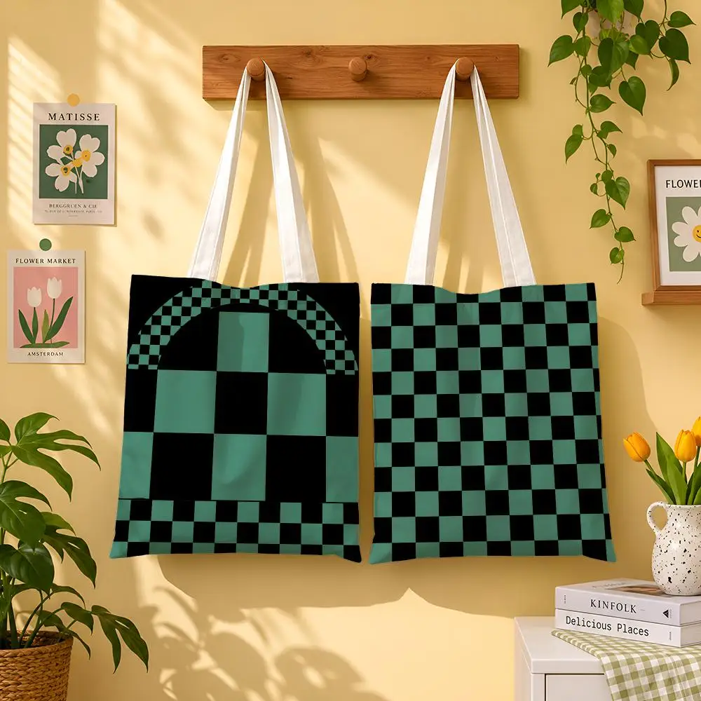 Green Black Checkered Haori Storage Bags 1pc Canvas Tote Bag Reusable Shopping Shoulder Bag For Women Daily Use