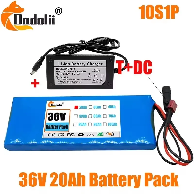 

10S1P 36V 20000mAh Battery Pack 20Ah 18650 Lithium Li-ion Rechargeable Batteries Electric Car Bicycle Scooter 20A BMS 500W