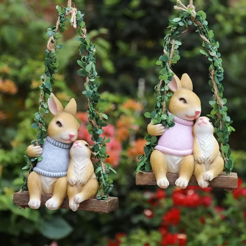 

Swing Simulation Hanging Rabbit Sculpture Resin Swing Garden Animals Hemp Rope Pendant Ornaments Courtyard Balcony Sill Decor