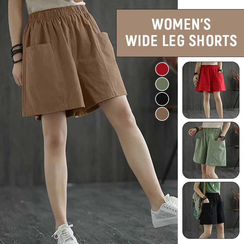 Women Summer Casual Shorts Harem Shorts Elastic Waist Wide Leg Pants Capris Overalls Fashion Pocket Trousers Streetwear