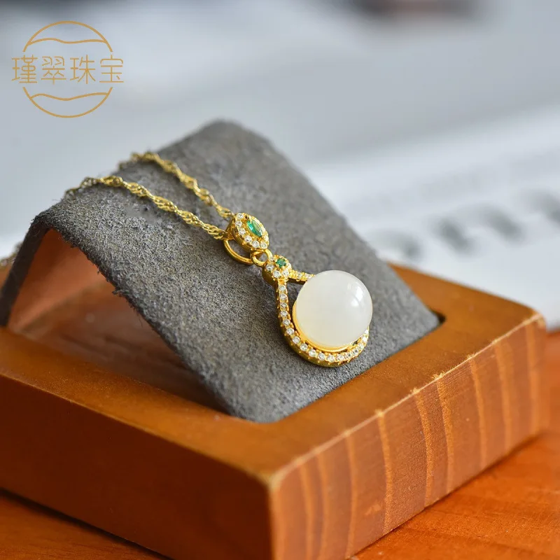 S925 Silver Inlaid With Hetian Jade 10Mm Pendant, Versatile, New Traditional Style, Handmade Women'S Jade Pendant