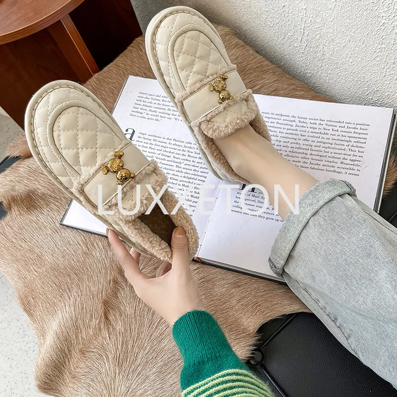 Plush Lefu Shoes for Women 2024 Winter New Shallow Mouth Casual Versatile Warm Flat Shoes for Women Lefu Shoes for Women