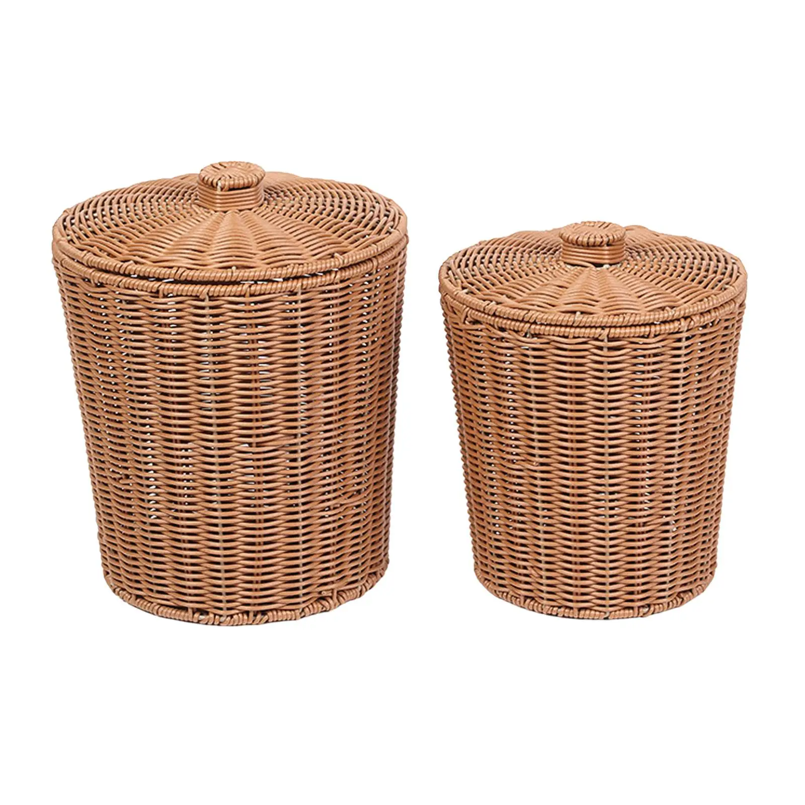 Wicker Trash Basket Food Serving W/ Lid Handwoven Round Storage Baskets Bin for Living Room Bathroom Home Decoration Toys Snack