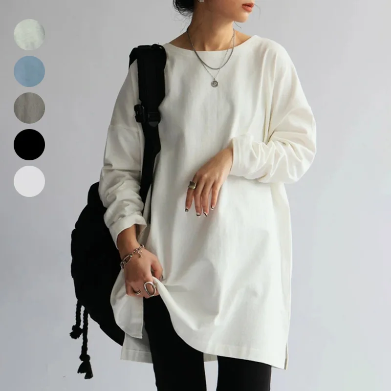 

Autumn pure cotton women's T-shirt new simple loose solid color long-sleeved bottoming shirt mid-length