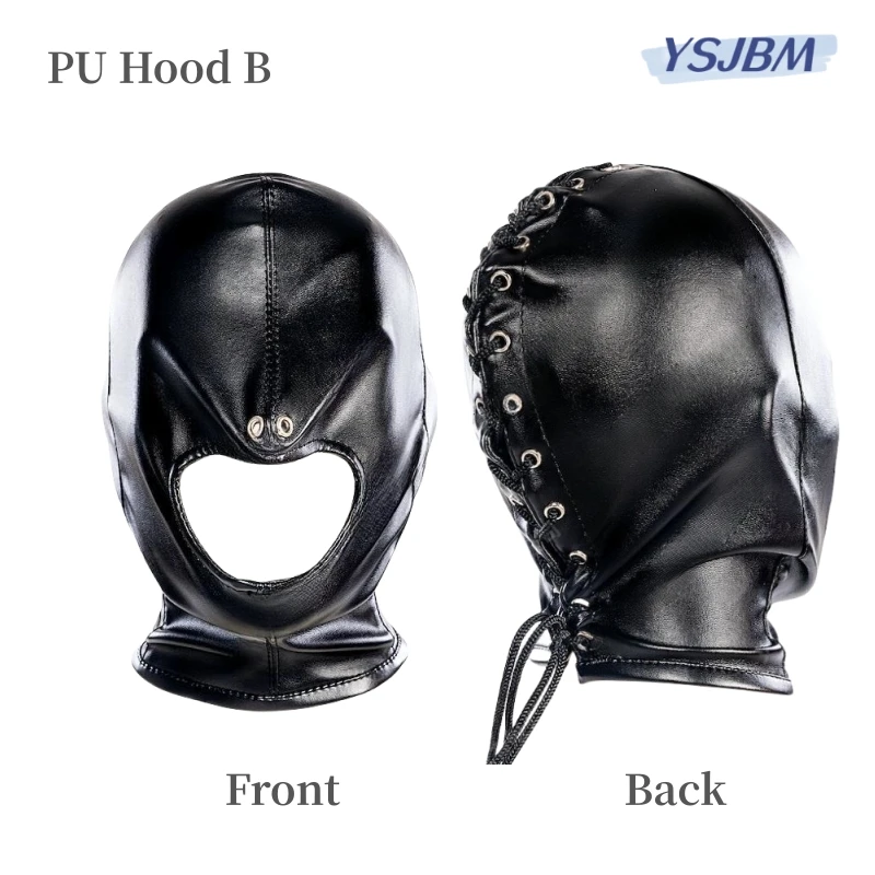 Sexy Bondage Hood Costume of Fetish Sensory Deprivation Wetlook Leather Mask with Handcuffs for Couple BDSM Role Play Sex Toys