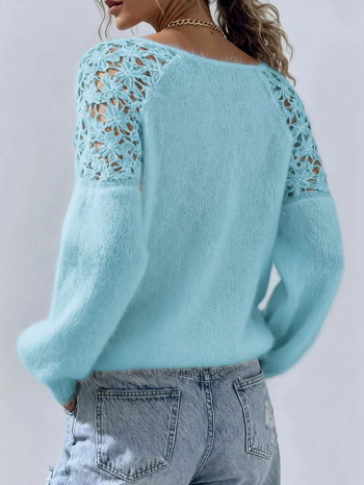 2025 Winter New Arrival Women's Solid Colour Minimalist Versatile Pullover Sleeve Cuff Print Openwork Knit For Everyday Wear