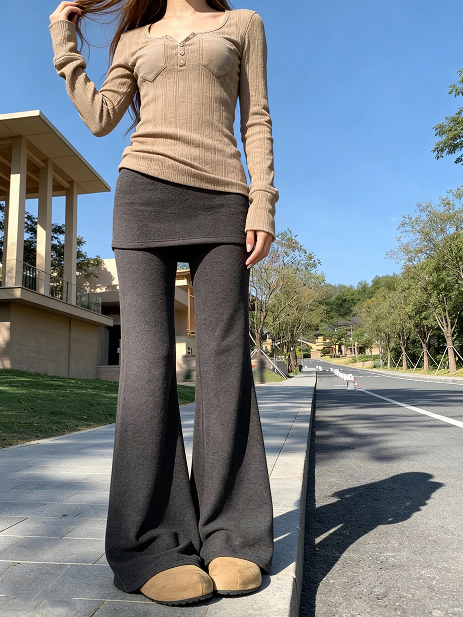 

Серые женские повседневные брюки-палаццо с эффектом двухслойности, с высокой талией, на резинке, из полиэстера, весна 2026