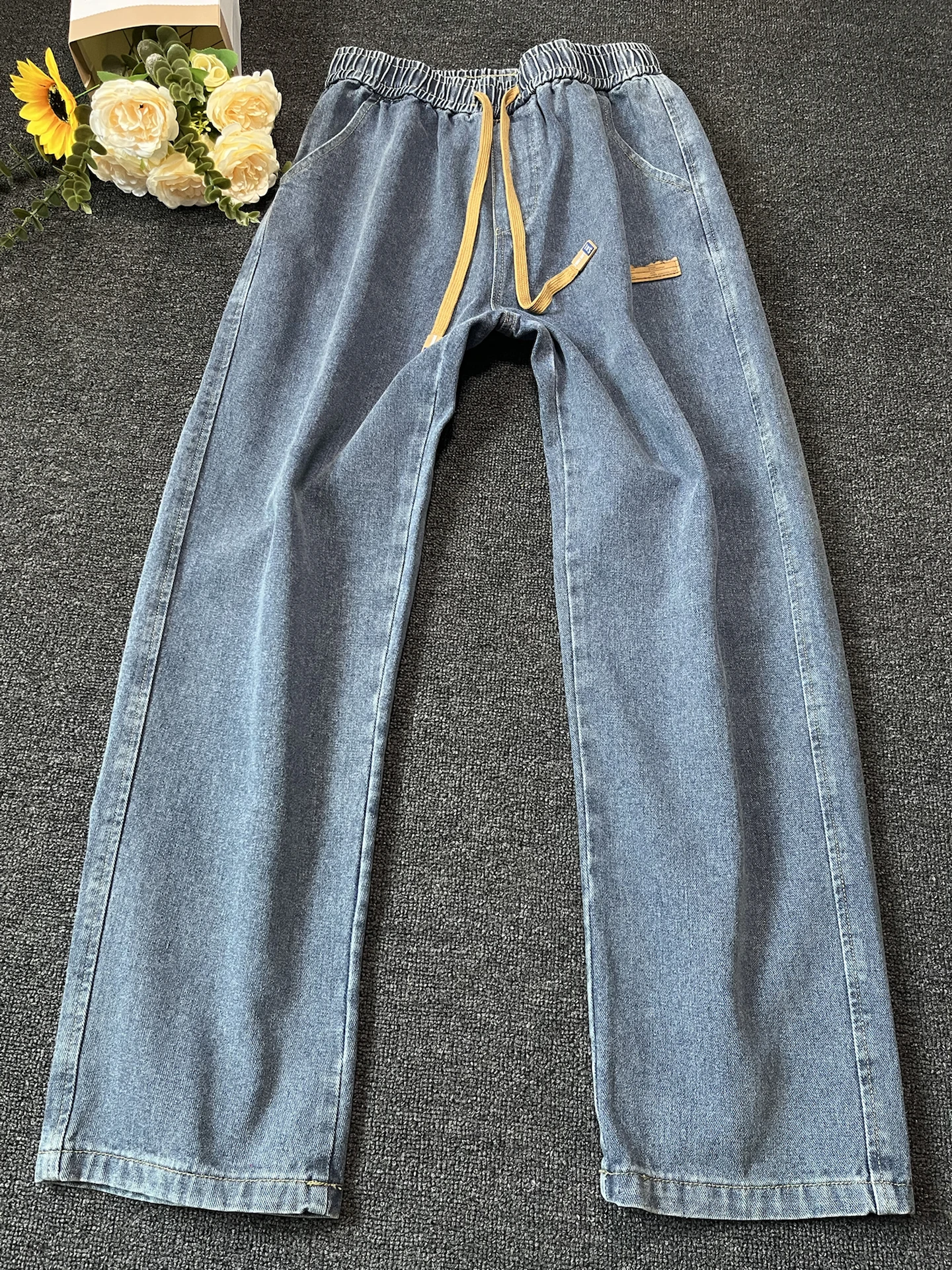 

Mid-Wa Blue Men's Flared Jeans Elastic Waist Corduroy Straight Leg Wide Leg Casual Trousers Cleanfit Youth Summer Jeans