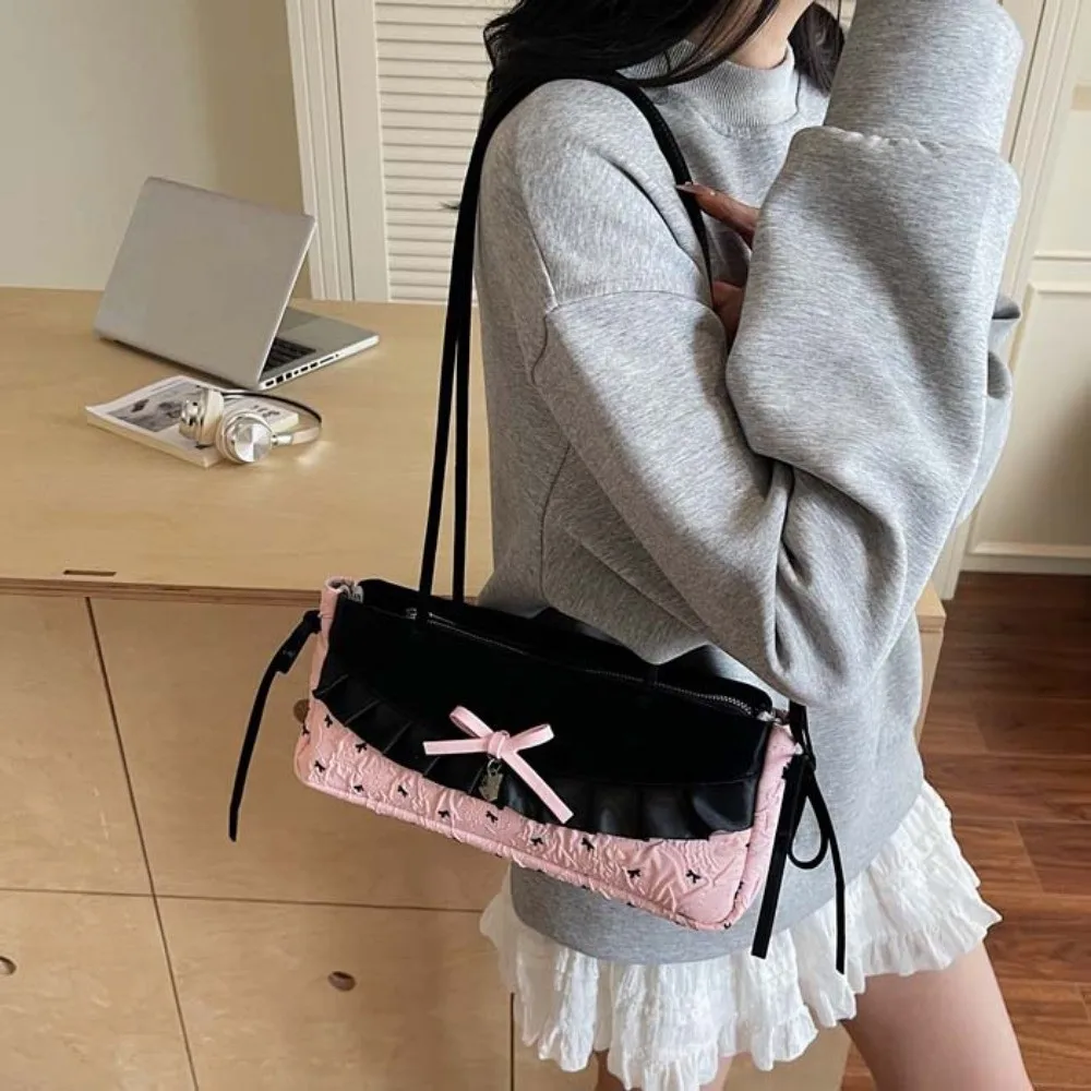 

Shopping Sweet French Stick Handbag Black Denim Blue Plaid Bow Shoulder Bag Korean Style Contrast Color Cloth Underarm Bags Work